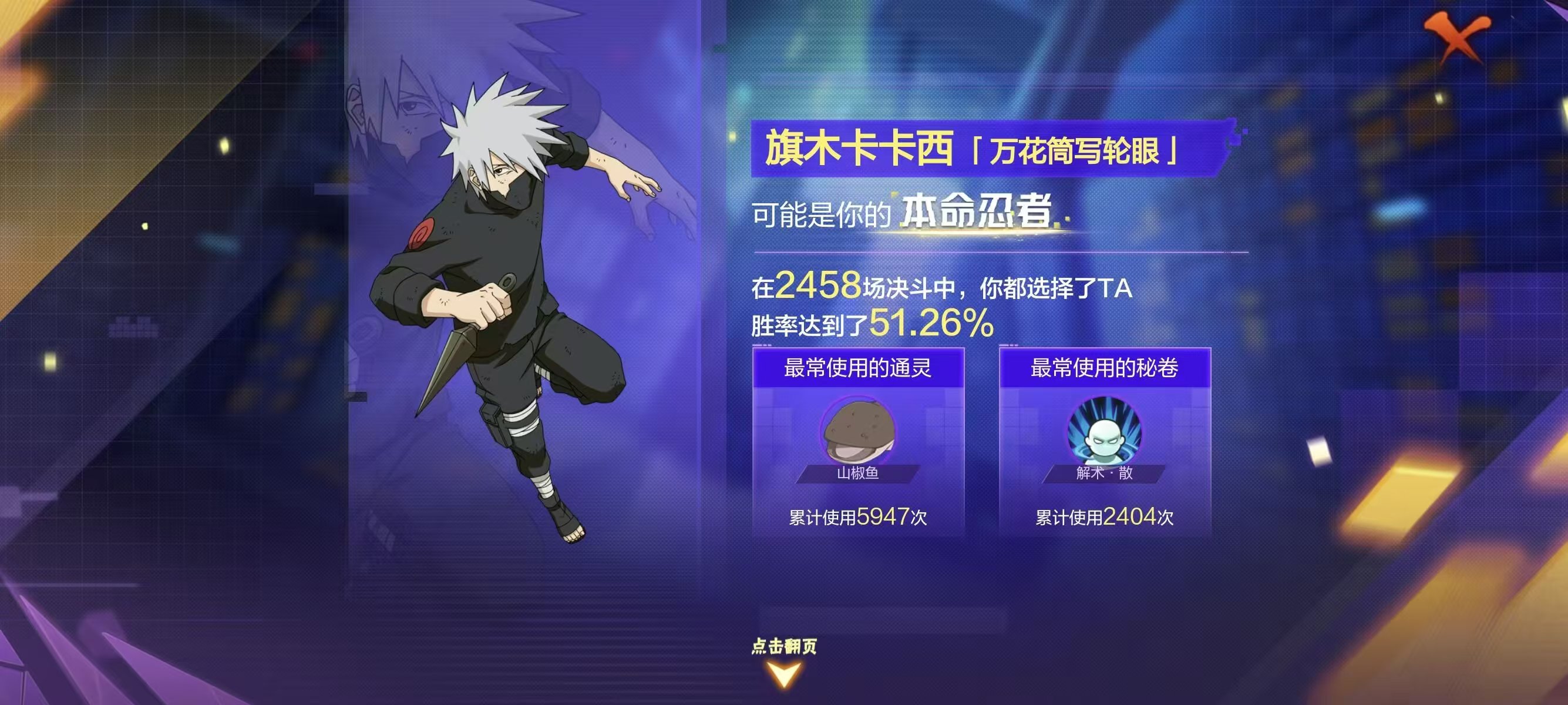本命忍者旗木卡卡西万花筒写轮眼，2458 场决斗胜率 51.26%